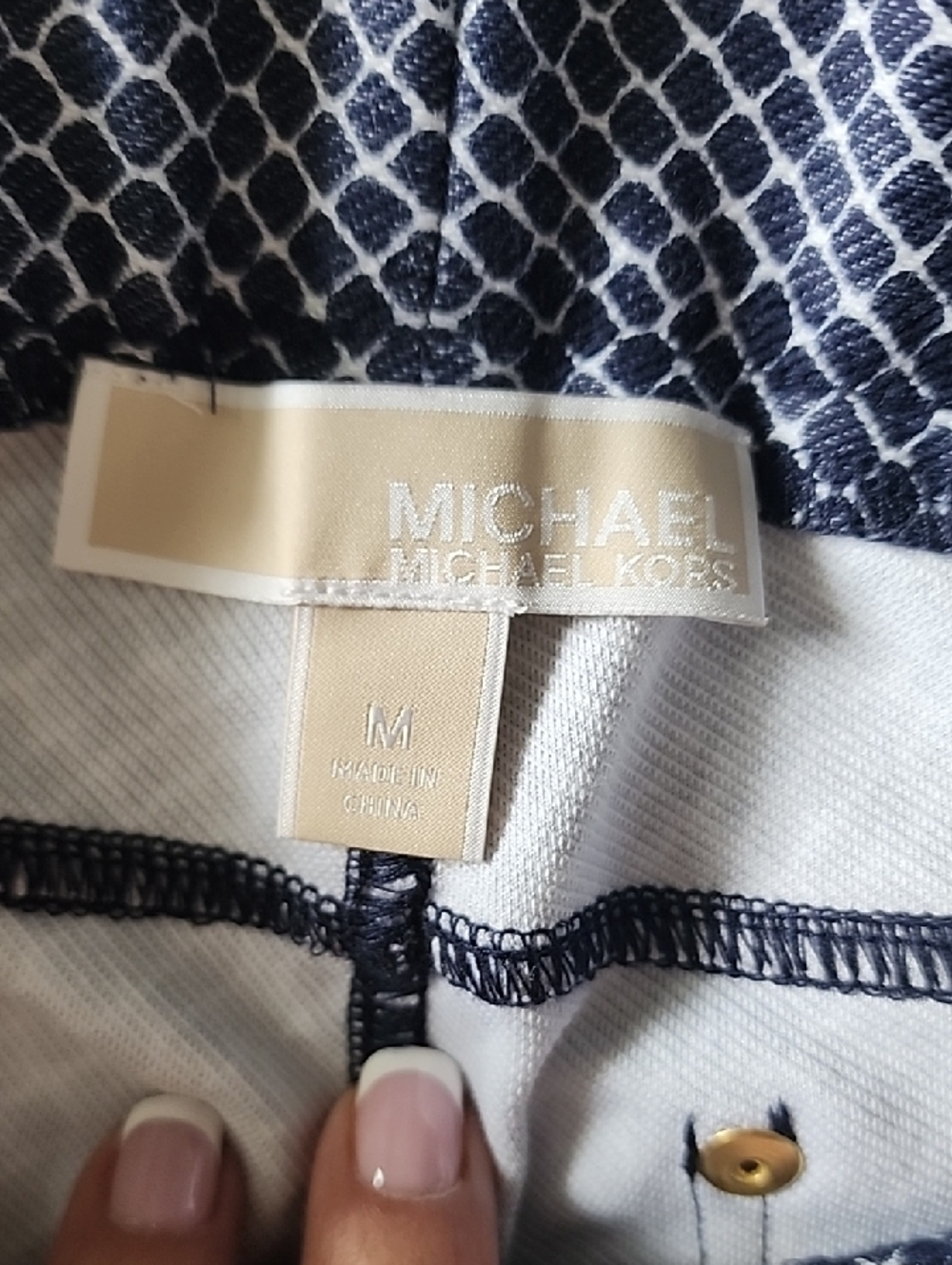 Michael Kors Navy and White Geometric Print Skinny Pant